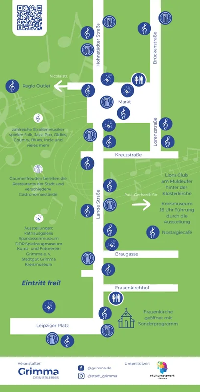 Flyer Abend der Sinne 2026, Rückseite: Übersichtskarte der Altstadt mit Musik-, Gastronomie- und Ausstellungsstandorten