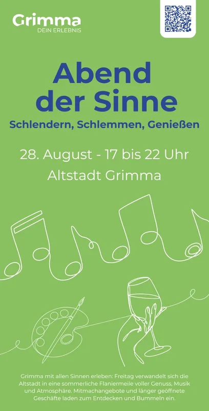 Flyer Abend der Sinne 2026, Vorderseite: 28. August, 17 bis 22 Uhr, Altstadt Grimma