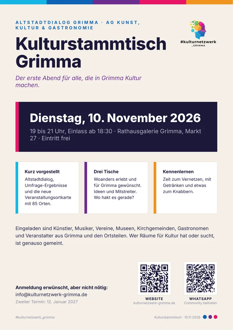 Aushang Kulturstammtisch Grimma: Dienstag, 10. November 2026, 19 bis 21 Uhr, Einlass ab 18:30 Uhr, Rathausgalerie Grimma, Markt 27, Eintritt frei. Kurz vorgestellt, drei Tische, Kennenlernen. Zweiter Termin: 12. Januar 2027.